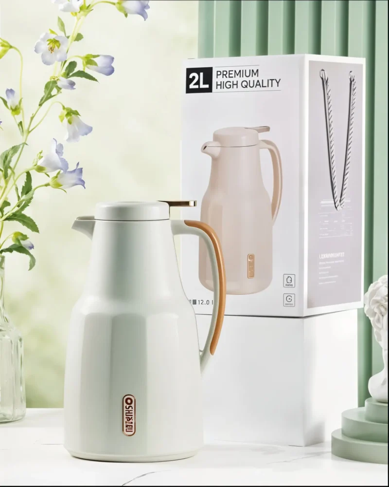 Insulated Thermal Carafe - 2L (68 oz) Vacuum Flask for Hot & Cold Beverages (Green & Cream)