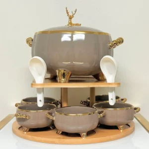 Luxury Ceramic Soup Bowl Set with Stand and Spoons - 15 Piece Serving Set (Black, Cream, Mocha, White)