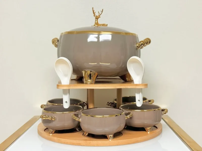 Luxury Ceramic Soup Bowl Set with Stand and Spoons - 15 Piece Serving Set (Black, Cream, Mocha, White)