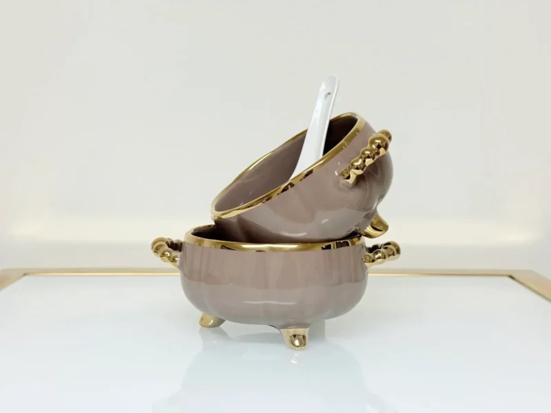 Luxury Ceramic Soup Bowl Set with Stand and Spoons - 15 Piece Serving Set (Black, Cream, Mocha, White)