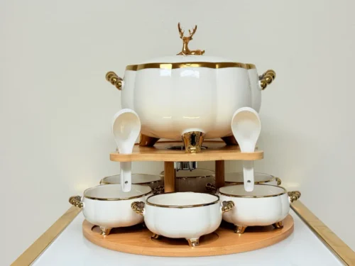 luxury ceramic soup bowl set with stand and spoons
