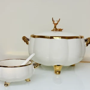 Luxury Ceramic Soup Bowl Set with Stand and Spoons - 15 Piece Serving Set (Black, Cream, Mocha, White)