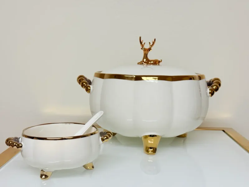 Luxury Ceramic Soup Bowl Set with Stand and Spoons - 15 Piece Serving Set (Black, Cream, Mocha, White)