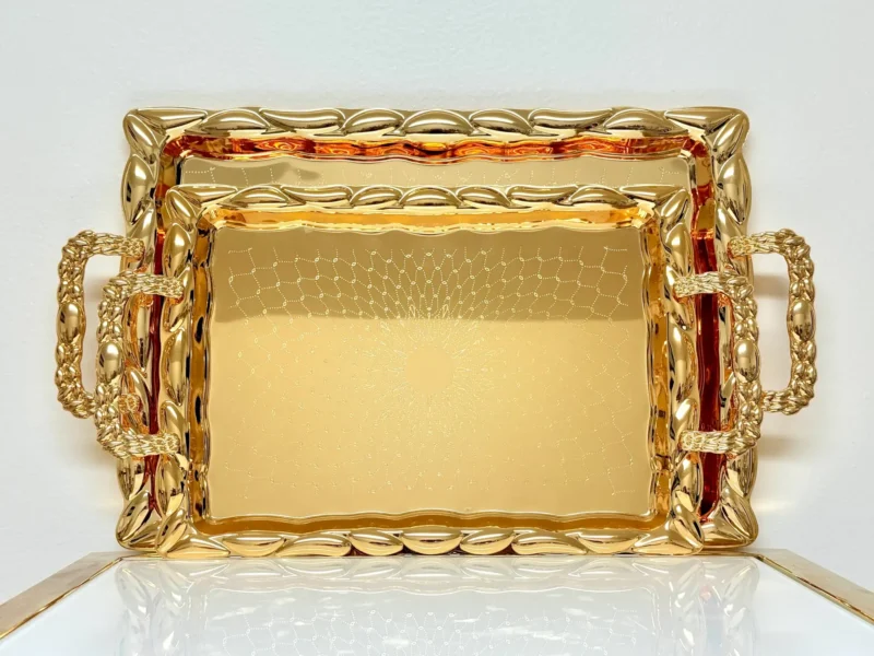 Luxury Gold Metal Serving Tray Set - 2 Piece Decorative Trays with Handles