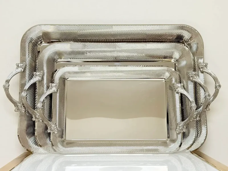 Luxury Silver Serving Tray Set - 3 Piece Stainless Steel Decorative Trays with Handles