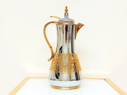 luxury silver thermal coffee carafe with golden lattice