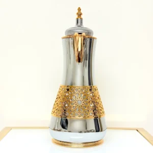 Luxury Silver Thermal Coffee Carafe with Golden Lattice - Royal Style 1L Insulated Flask