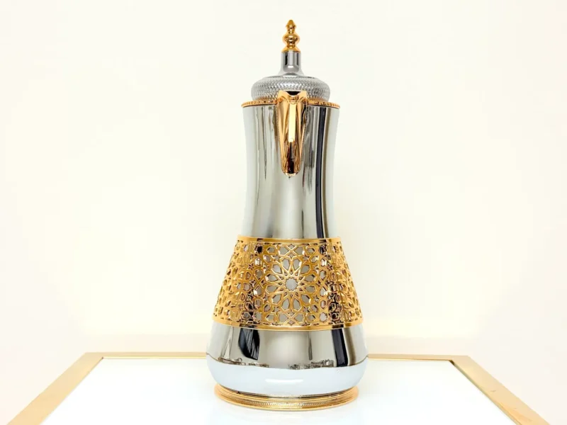 Luxury Silver Thermal Coffee Carafe with Golden Lattice - Royal Style 1L Insulated Flask