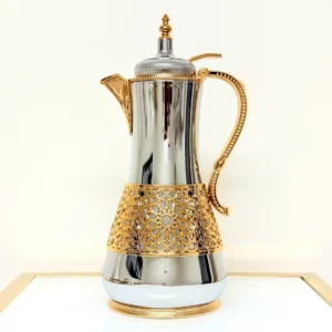 Luxury Silver Thermal Coffee Carafe with Golden Lattice - Royal Style 1L Insulated Flask