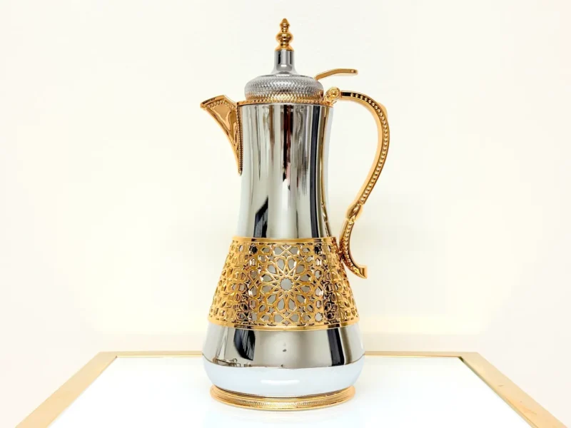 Luxury Silver Thermal Coffee Carafe with Golden Lattice - Royal Style 1L Insulated Flask