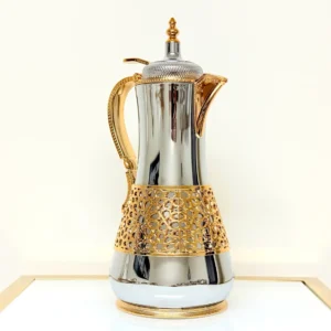 Luxury Silver Thermal Coffee Carafe with Golden Lattice - Royal Style 1L Insulated Flask