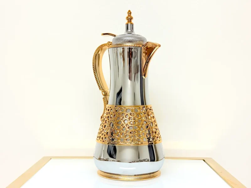 Luxury Silver Thermal Coffee Carafe with Golden Lattice - Royal Style 1L Insulated Flask
