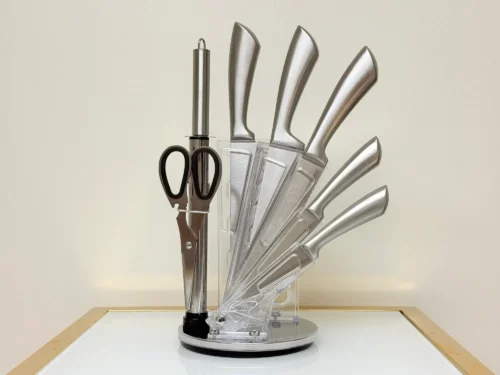 modern stainless steel knife set with acrylic stand