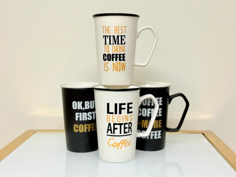 Printed Quote Coffee Mug Set - 4 Pack Black & White Mugs (13 oz)