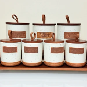rustic ceramic kitchen canister set with wooden lids and tray