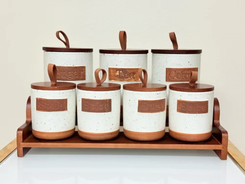 rustic-ceramic-kitchen-canister-set-with-wooden-lids-and-tray rustic ceramic kitchen canister set with wooden lids and tray