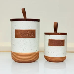 Rustic Ceramic Kitchen Canister Set with Wooden Lids and Tray - 7 Piece Storage Jars for Sugar, Tea, Coffee, Spices