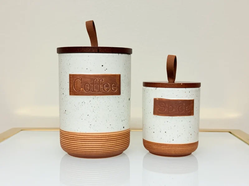 Rustic Ceramic Kitchen Canister Set with Wooden Lids and Tray - 7 Piece Storage Jars for Sugar, Tea, Coffee, Spices