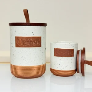 Rustic Ceramic Kitchen Canister Set with Wooden Lids and Tray - 7 Piece Storage Jars for Sugar, Tea, Coffee, Spices