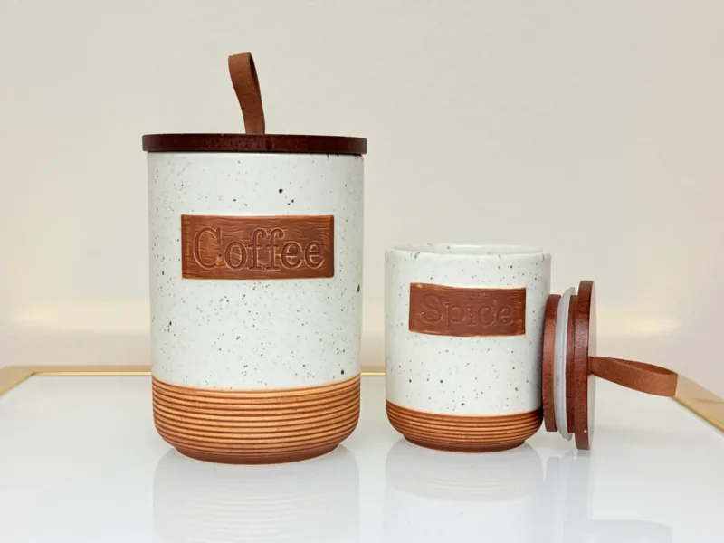 Rustic Ceramic Kitchen Canister Set with Wooden Lids and Tray - 7 Piece Storage Jars for Sugar, Tea, Coffee, Spices