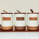 rustic ceramic tea sugar coffee canister set with wooden stand