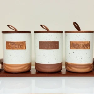rustic ceramic tea sugar coffee canister set with wooden stand