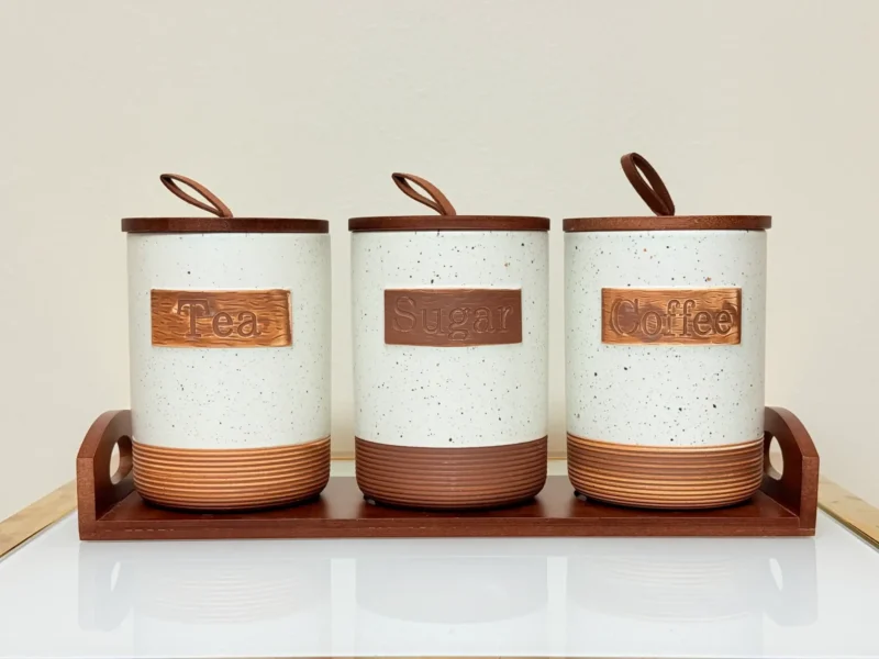 rustic ceramic tea sugar coffee canister set with wooden stand