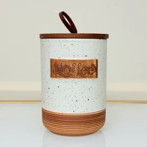 Rustic Ceramic Tea Sugar Coffee Canister Set with Wooden Stand - 3 Pieces