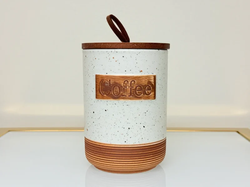 Rustic Ceramic Tea Sugar Coffee Canister Set with Wooden Stand - 3 Pieces