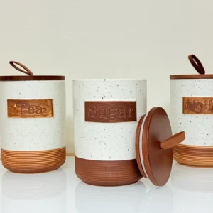 Rustic Ceramic Tea Sugar Coffee Canister Set with Wooden Stand - 3 Pieces