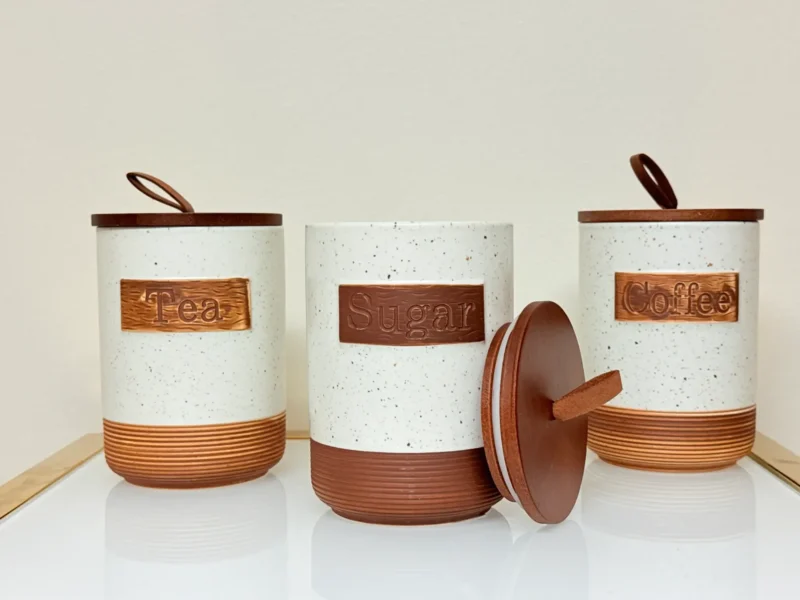 Rustic Ceramic Tea Sugar Coffee Canister Set with Wooden Stand - 3 Pieces