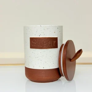 Rustic Ceramic Tea Sugar Coffee Canister Set with Wooden Stand - 3 Pieces