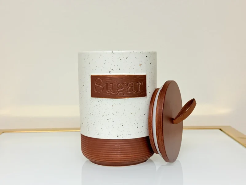 Rustic Ceramic Tea Sugar Coffee Canister Set with Wooden Stand - 3 Pieces