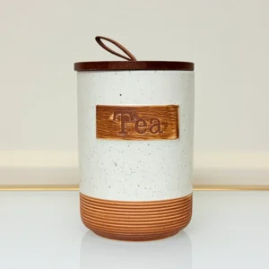 Rustic Ceramic Tea Sugar Coffee Canister Set with Wooden Stand - 3 Pieces