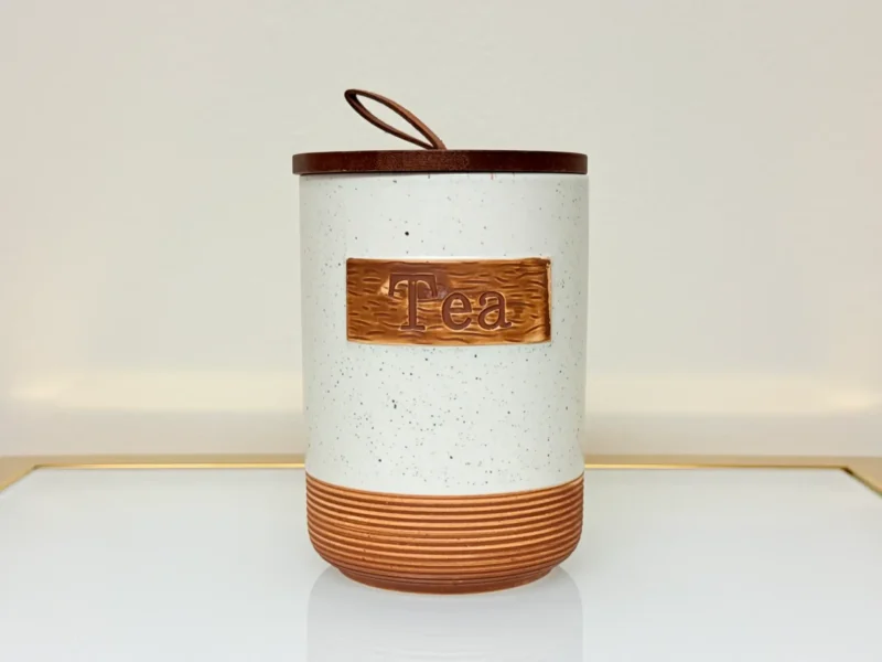 Rustic Ceramic Tea Sugar Coffee Canister Set with Wooden Stand - 3 Pieces