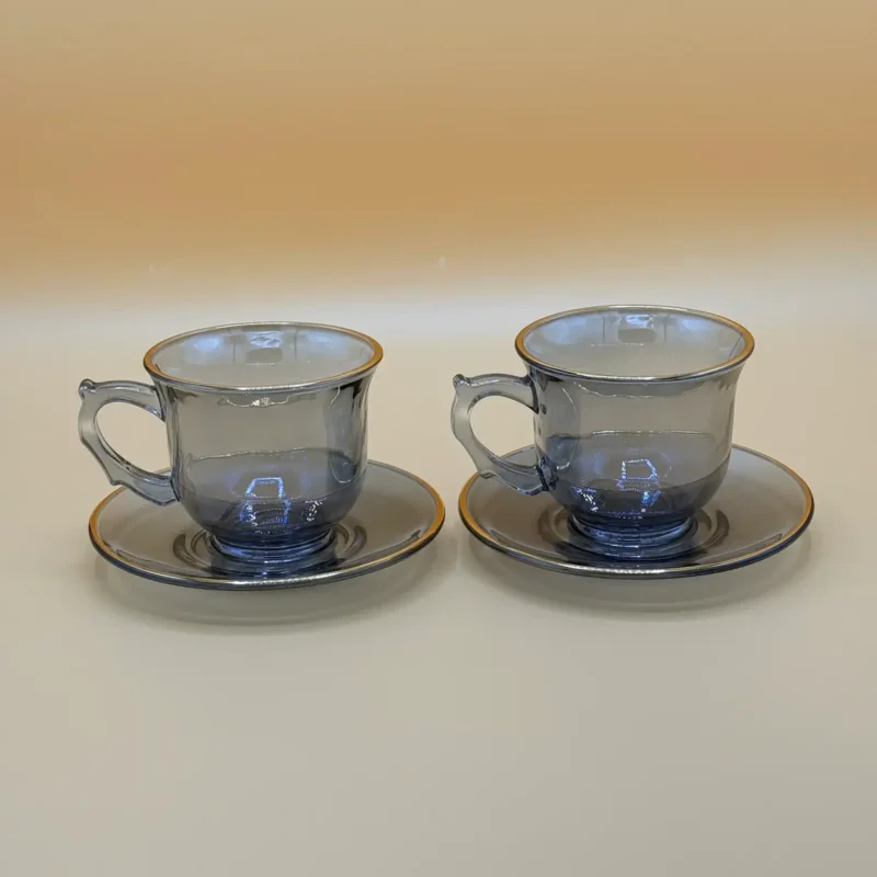 set-12-transparent-black-glass-tea-cups-saucers-2 Set of 12 Transparent Faded Black Glass Tea Cups and Saucers