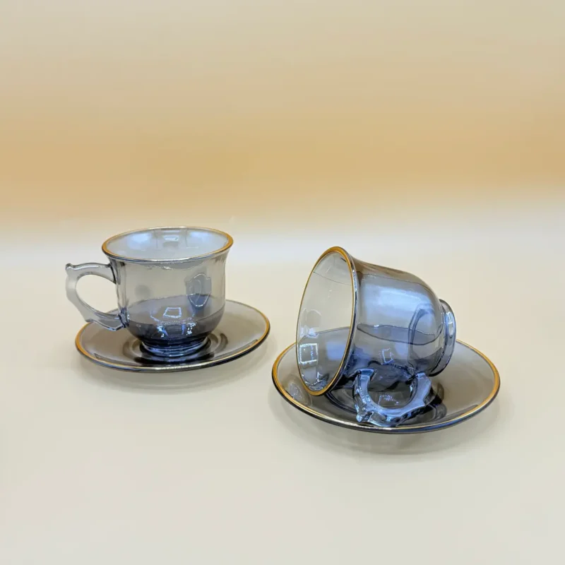 set-12-transparent-black-glass-tea-cups-saucers-2-side Set of 12 Transparent Faded Black Glass Tea Cups and Saucers