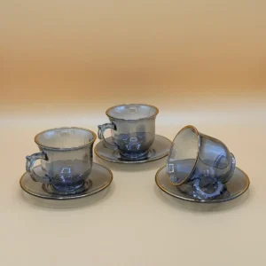 set-12-transparent-black-glass-tea-cups-saucers-3 Set of 12 Transparent Faded Black Glass Tea Cups and Saucers