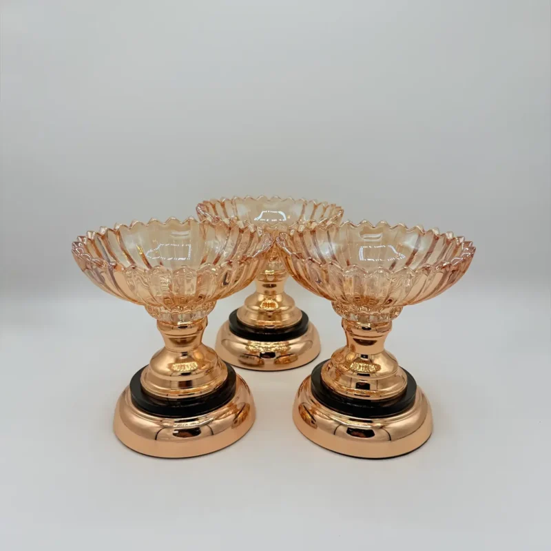 Set of 3 Crystal Glass Dessert Bowls with Rose Gold Base - Elegant Centerpiece Set