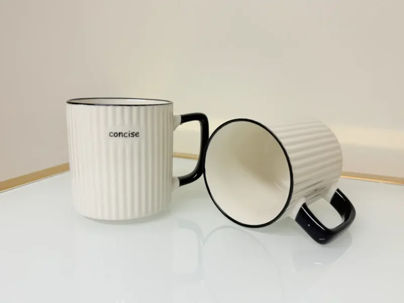 Set of 3 Ceramic Coffee Mugs with Ribbed Texture in White, Black Handle 13 fl oz