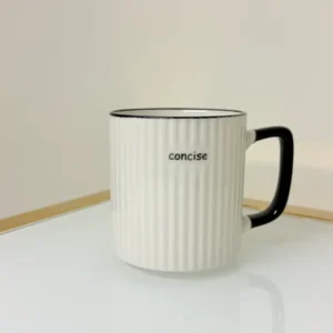 Set of 3 Ceramic Coffee Mugs with Ribbed Texture in White, Black Handle 13 fl oz