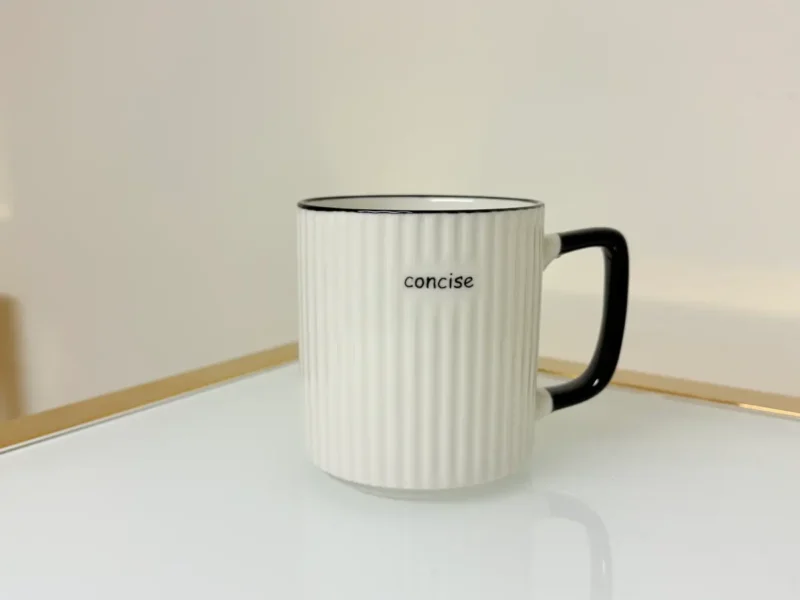 Set of 3 Ceramic Coffee Mugs with Ribbed Texture in White, Black Handle 13 fl oz