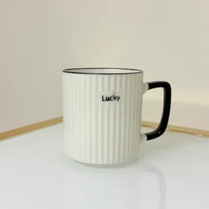 Set of 3 Ceramic Coffee Mugs with Ribbed Texture in White, Black Handle 13 fl oz