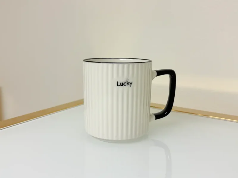 Set of 3 Ceramic Coffee Mugs with Ribbed Texture in White, Black Handle 13 fl oz