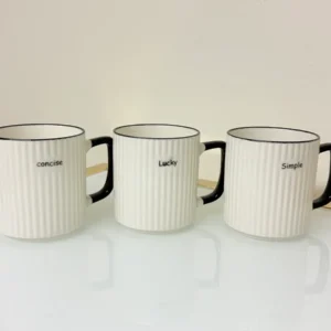 Set of 3 Ceramic Coffee Mugs with Ribbed Texture in White, Black Handle 13 fl oz