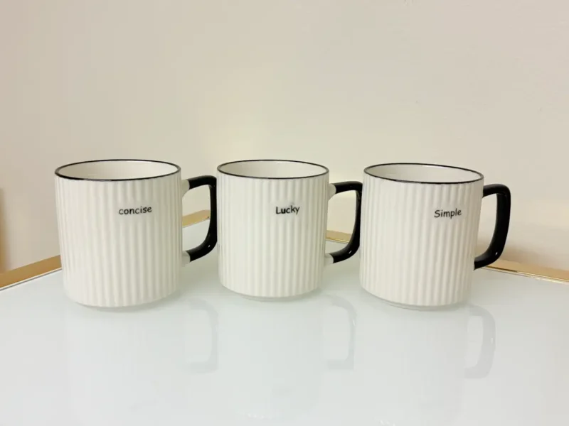Set of 3 Ceramic Coffee Mugs with Ribbed Texture in White, Black Handle 13 fl oz