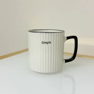 Set of 3 Ceramic Coffee Mugs with Ribbed Texture in White, Black Handle 13 fl oz