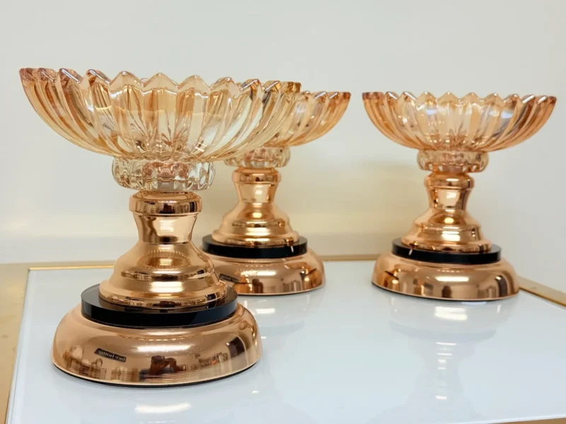 Set of 3 Crystal Glass Dessert Bowls with Rose Gold Base - Elegant Centerpiece Set