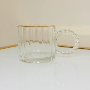 Set of 6 Fluted Glass Mugs with Gold Rim and Beaded Handle 11 fl oz