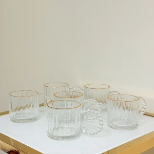 Set of 6 Fluted Glass Mugs with Gold Rim and Beaded Handle 11 fl oz